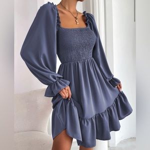 Square Neck Shirred Bodice Flounce Sleeve Ruffle Hem Dress